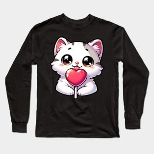 Adorable Kitten with Heart Lollipop Long Sleeve T-Shirt